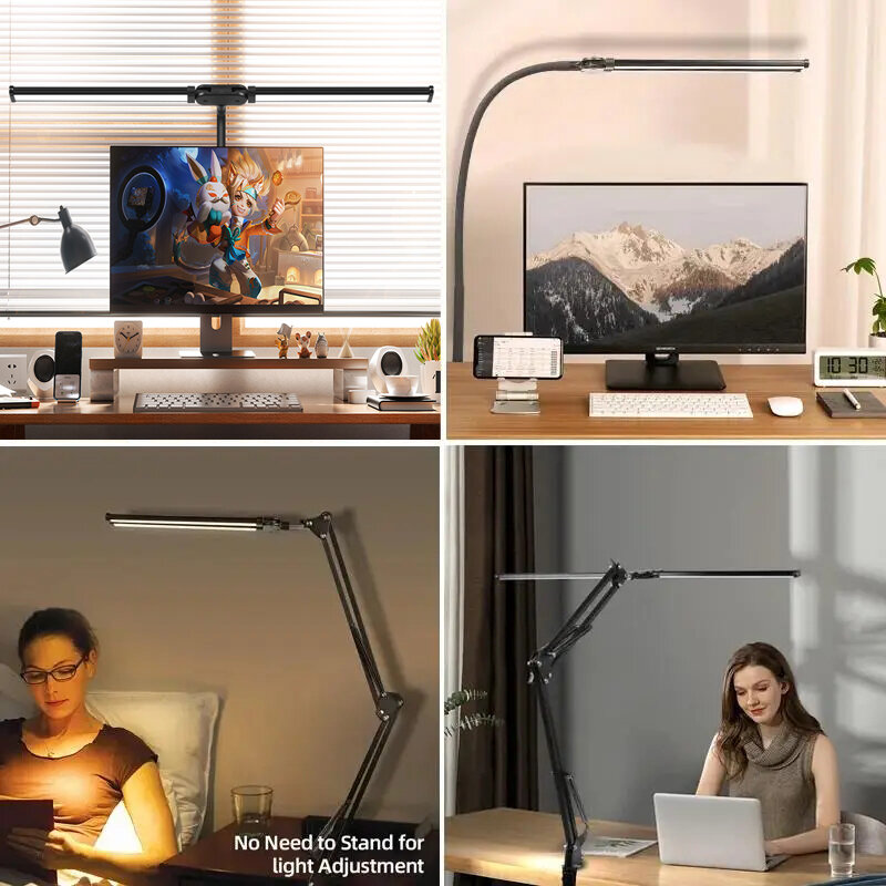 Lampu meja LED kepala ganda, lampu meja Led Monitor komputer tanpa langkah dapat diredupkan USB untuk belajar kantor membaca perlengkapan pencahayaan