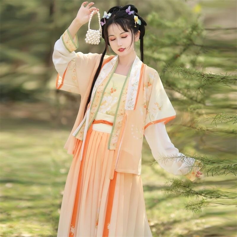 Vestido estilo chinês hanfu, saia de fadas com bordados e cores gradientes, dança, primavera e outono