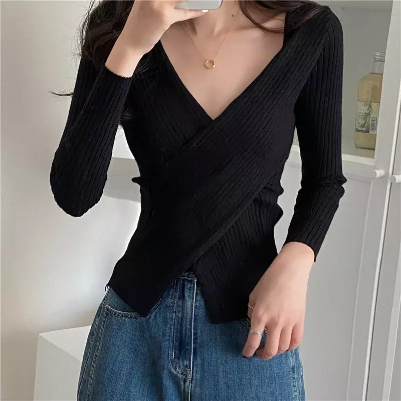Autumn Winter Knitwear Tops Fashion Female Long Sleeve Skinny Elastic Casual V-neck Knitted Shirts Women Pullover Sweaters 2023