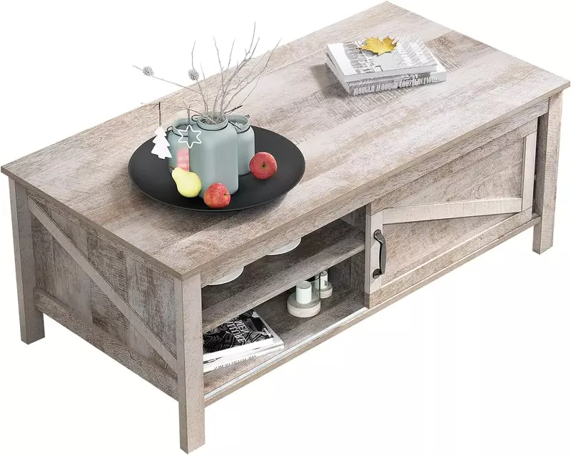 Couch tisch mit Stauraum & Schiebetüren, Bauernhaus Couch tische für Wohnzimmer mit verstellbaren Regalen, Holz Wohnzimmer