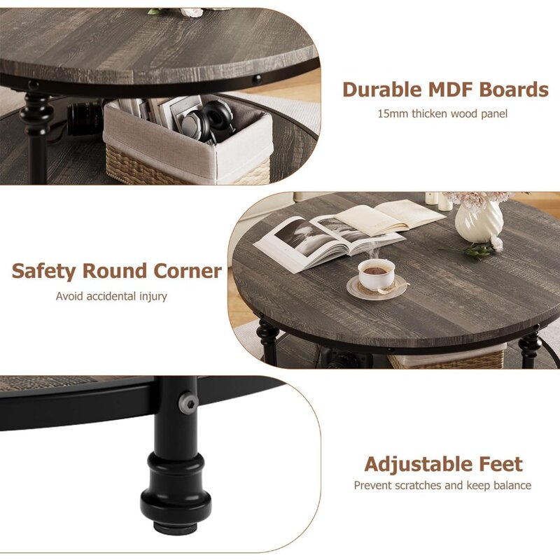 طاولة قهوة مستديرة لغرفة المعيشة ، طاولة مركزية ريفية مع رف تخزين ، طاولة دائرة خشبية ، أرجل معدنية متينة