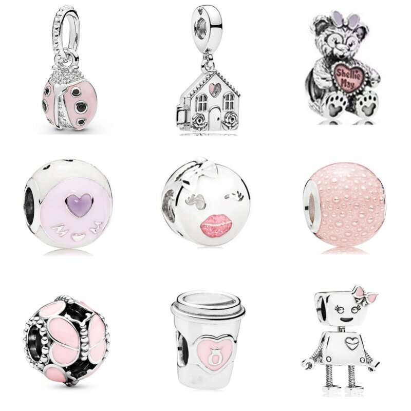 Neue rosa Serie Herz Charms Perlen passen original Pandora Armbänder Schlüssel bund Halskette DIY Muttertag Schmuck Geschenk für Mama