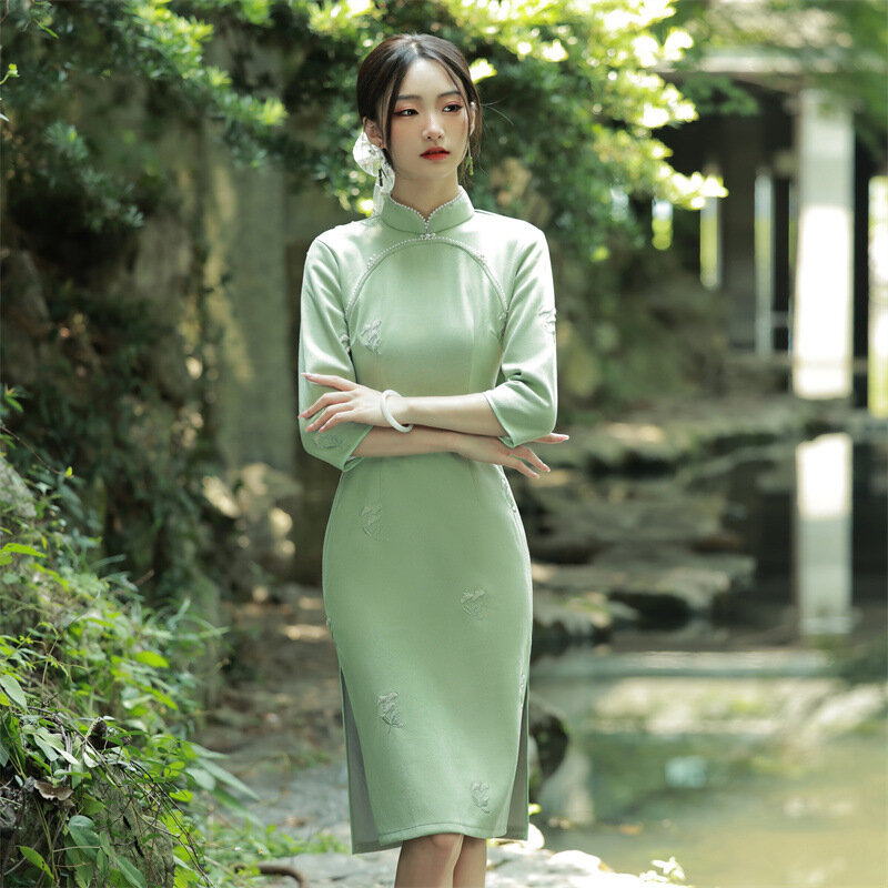 Cheongsam Vintage dünne Kleid Frauen 2 Farben Elegante Stil Qipao Kurze/volle Hülse Party Neue Jahr Kleidung Harajuku Vestido