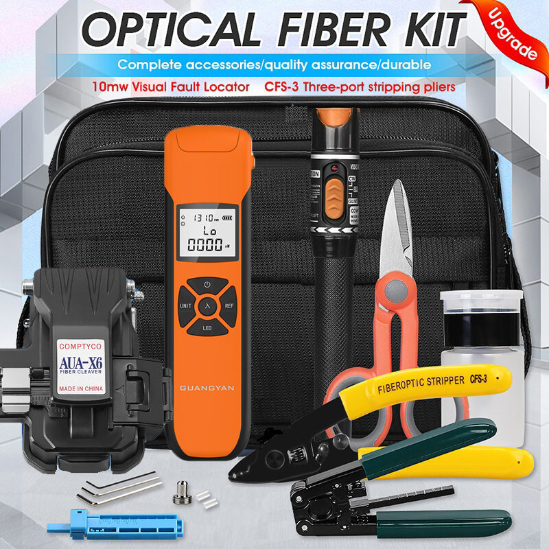 FTTH Fiber Optic Tool Kit with AUA-X6 Fiber Cleaver -70~+10dBm/-50~+26dBm G10 Optical Power Meter 10mw Visual Fault Locator