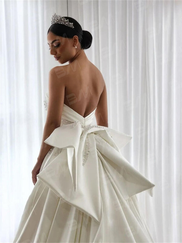 Vestido de noiva sereia sem costas para mulheres, vestido de noiva cetim, gravata borboleta, vestidos de noiva sem alças, moderno
