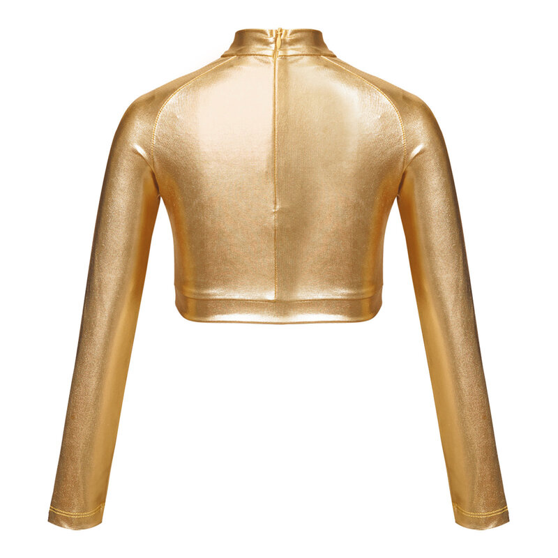 Kids Girls Shiny Metallic Dance Top Mock Neck Long Sleeve Front Sequin Fully Lined Dance Crop Tops for Stage Performance