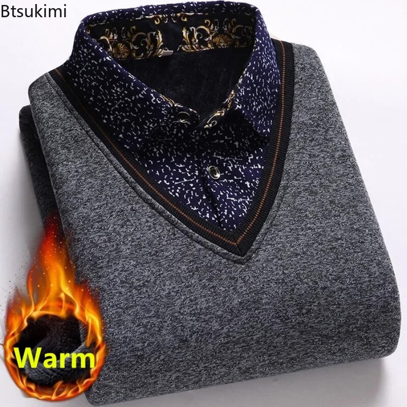 Autumn Winter Men's Shirt Collar Pullovers Fashion Plaid Button Polka Dot Long Sleeve Thicker Knit Sweater Male Casual Warm Tops