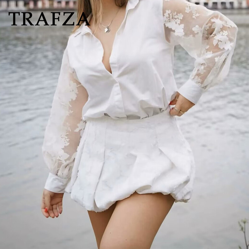 TRAFZA-minissaia plissada para mulher, lanterna Jacquard, zíper, moda casual, elegante, verão, 2022