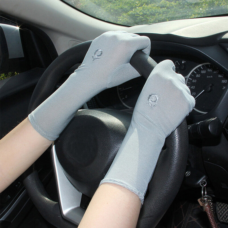 Summer Thin Embroidered Mid-long Stretch Breathable Driving Glove Mittens Sunscreen Gloves Anti UV