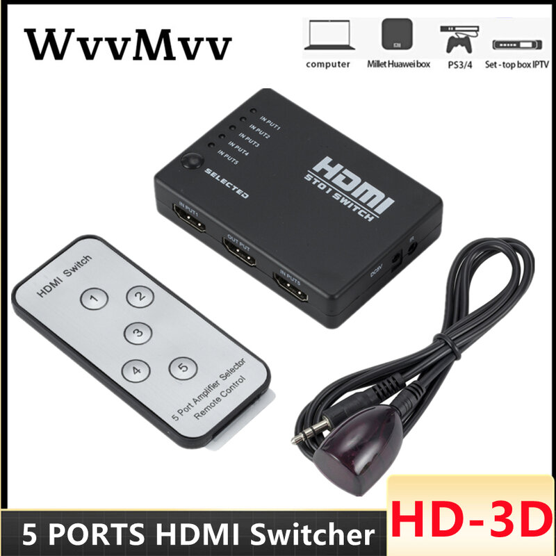 HDMI 스위치 5 인 1 아웃 HDMI 분배기 5X1, IR 리모컨 포함, Xbox PS4 블루레이 플레이어용 3D 4K HD1080P HDMI 스위처 지원