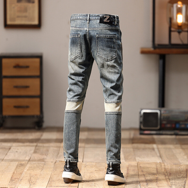 Stitching Design Fashion Street Motorcycle Jeans Przystojny mężczyzna Modny Casual Retro Stretch Slim Fit Skinny Pants