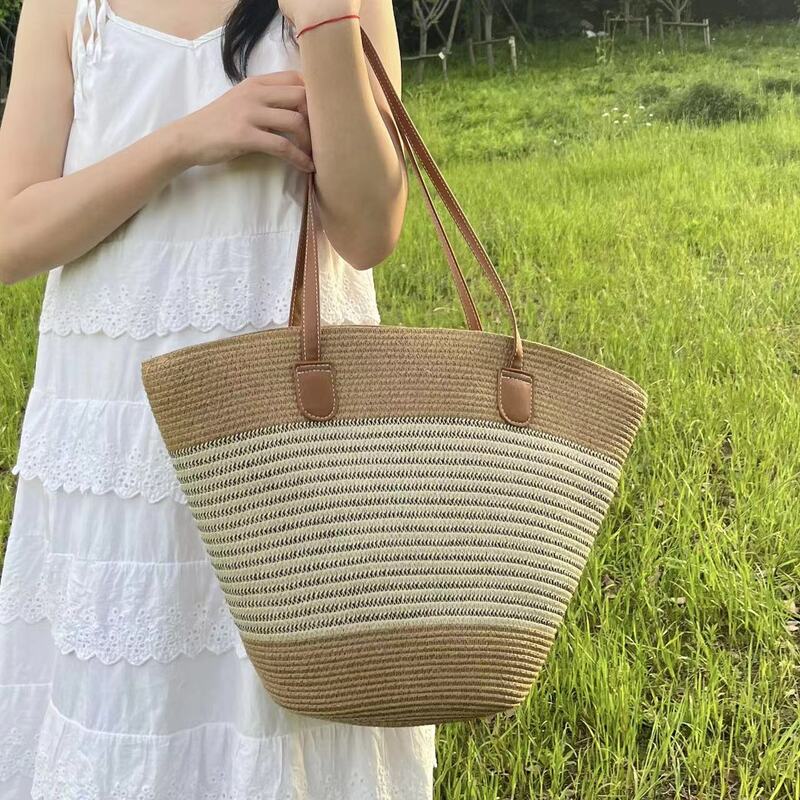 Women's Fashion Beach Travel Straw Woven Striped Tote Bag New Large Capacity Simple Design Portable Handbag Casual Shoulder Bags