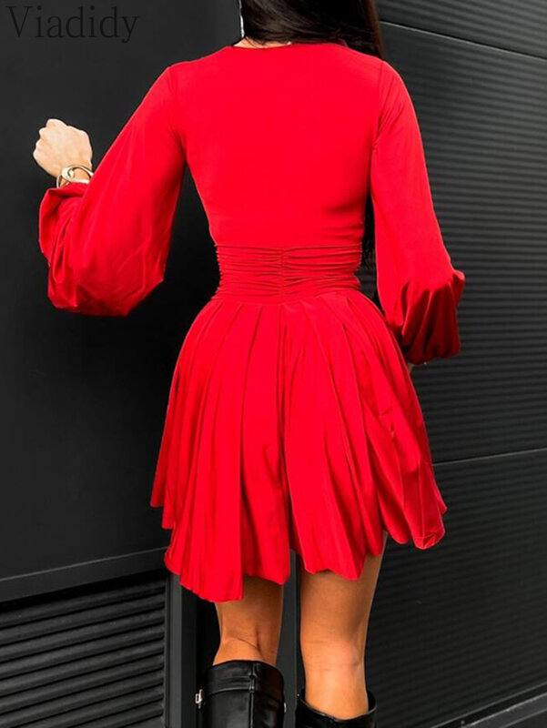 Women Sexy Solid Color Deep V Neck Plunge Ruched Button Design Lantern Sleeve Dress