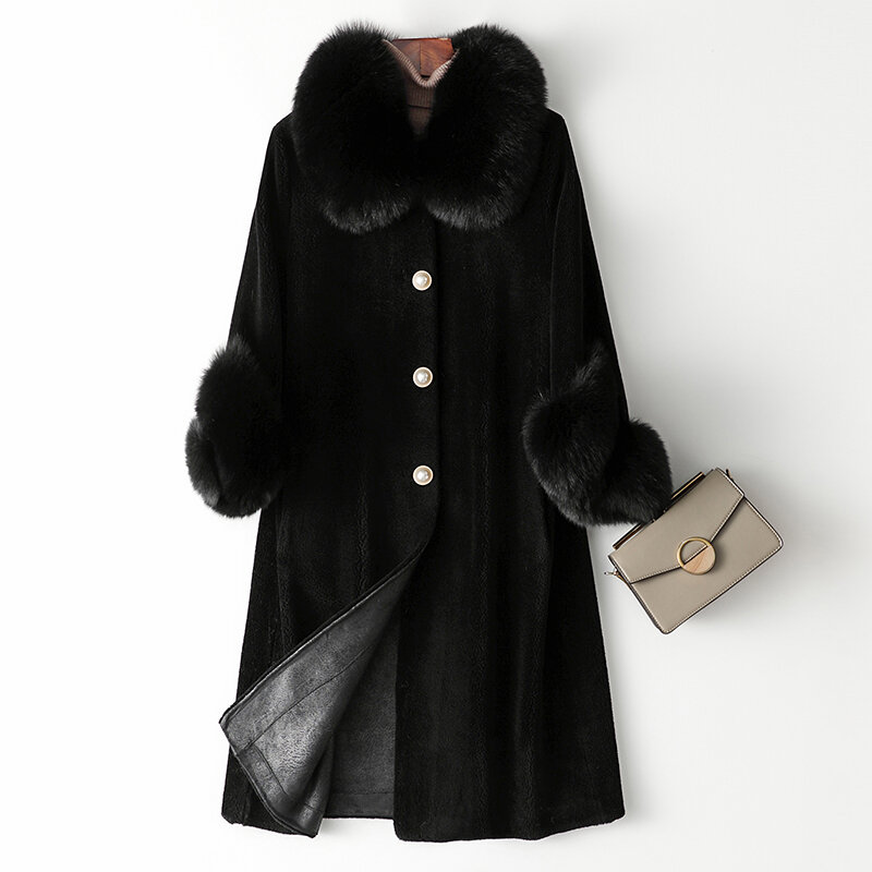 AYUNSUE – veste de tonte de mouton pour femme, manteau d'hiver élégant en laine avec col en fourrure de renard, vêtements d'extérieur, collection 100%