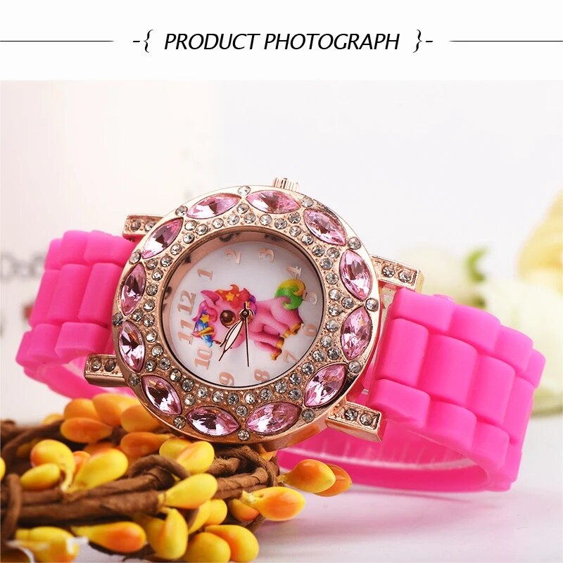 Jam tangan kuarsa anak perempuan, arloji silikon kartun Unicorn Pink tahan air 30M hadiah siswa