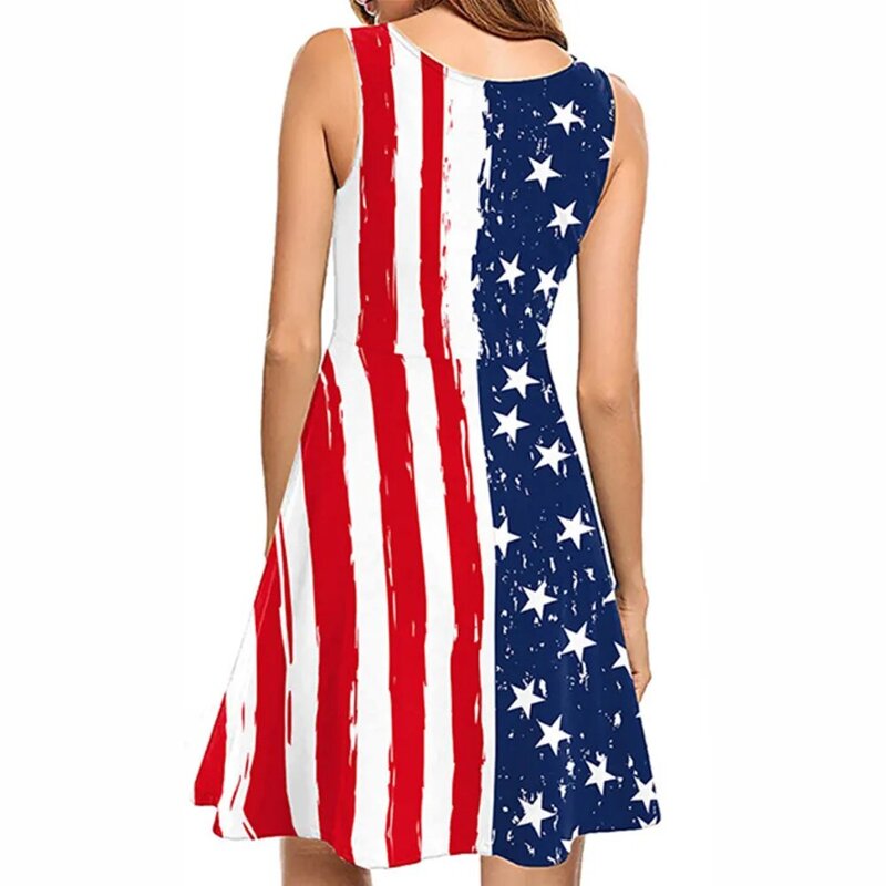 Vestido regado sem mangas feminino, decote redondo, vestido midi estampado com bandeira dos EUA, vestido casual com linha A, roupas 4 de julho