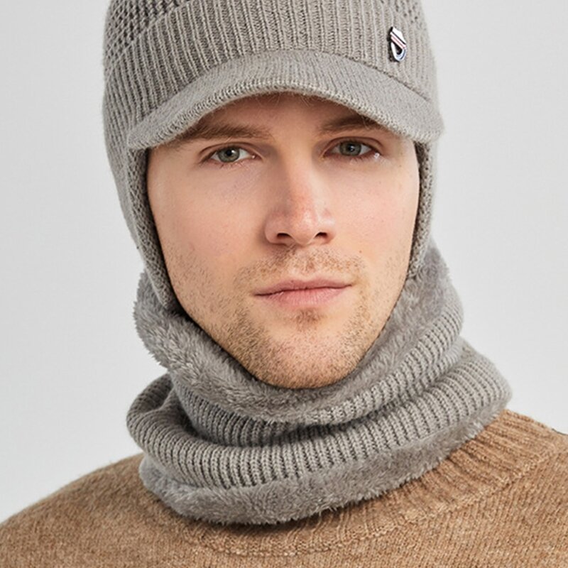 Мужская зимняя шапка-бини с козырьком и шарфом из 2 предметов, вязаная теплая плюшевая подкладка