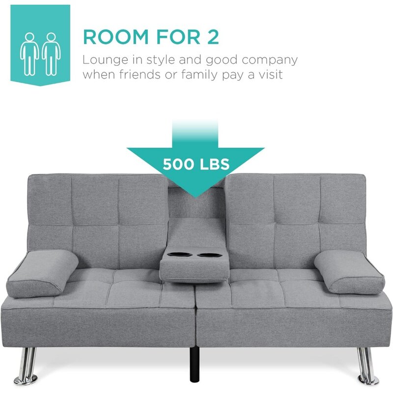 Linen Modern Folding Futon, Reclining Sofa Bed for Apartment, Dorm w/Removable Armrests, 2 Cupholders - Gray