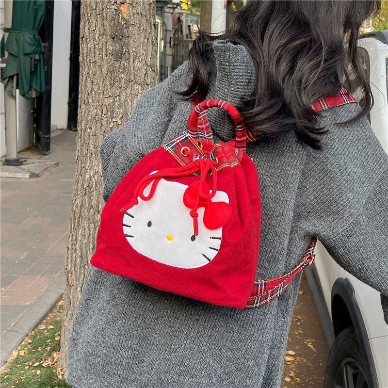 Sanrio Hello Kitty กระเป๋าสีแดงลายการ์ตูนกระเป๋าสะพายหลังขนาดเล็กสำหรับเด็กผู้หญิงสไตล์เกาหลีแนววินเทจกระเป๋าสะพายไหล่ Y2k กระเป๋าถือแฟชั่น