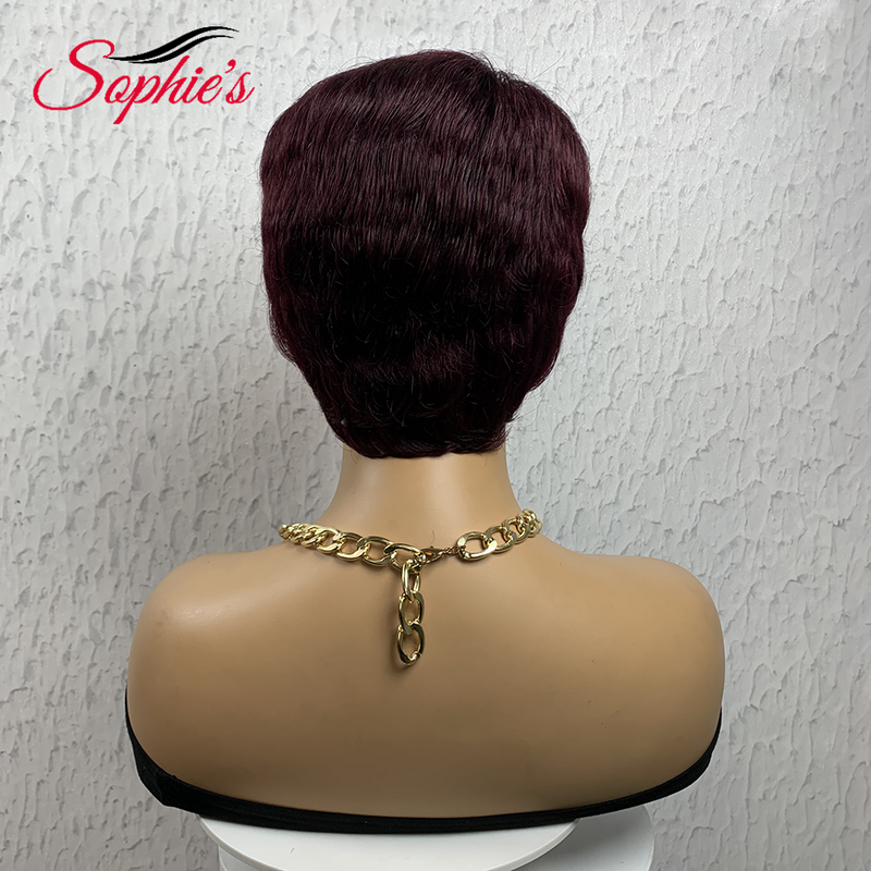 Sophies-Perruque brésilienne Remy naturelle, cheveux courts bouclés, coupe pixie, avec dentelle cerise, densité 180%
