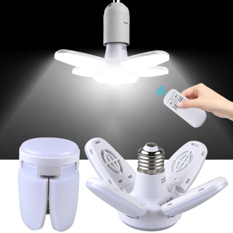 Lâmpada LED dobrável com controle remoto, lâmina de ventilador, lâmpada temporizada, E27, AC 85-265V, 28W, luz de teto doméstica