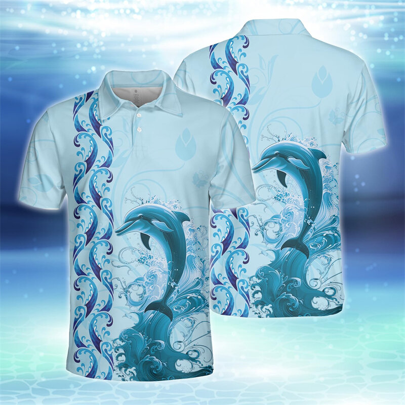 قميص بولو بأكمام قصيرة للرجال ، رسم دلافين لطيف ، الحياة البحرية ، أزياء هاراجاكو ، ملابس هاواي ، قمم الدلافين