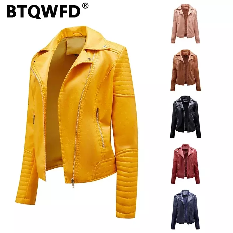 BTQWFD mantel kerah Turndown wanita, pakaian luar kulit PU lengan panjang musim gugur baru 2023 dengan saku