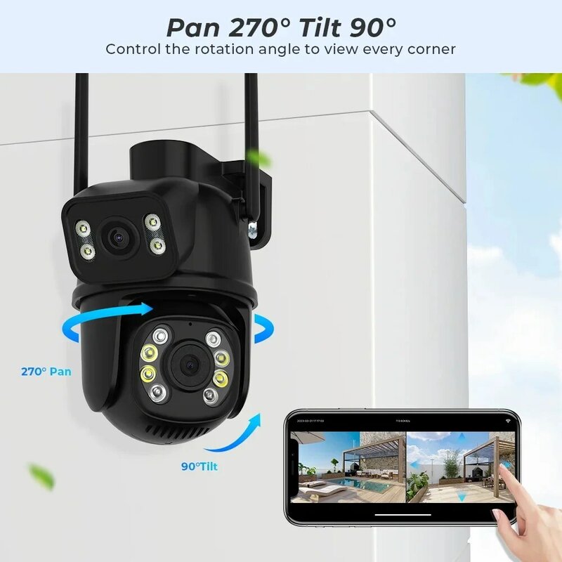 듀얼 렌즈 PTZ 와이파이 IP 카메라, 거리 야외 비디오 감시 카메라, 4X 디지털 줌 컬러 나이트 비전 CCTV 미니 카메라, 8MP 4K