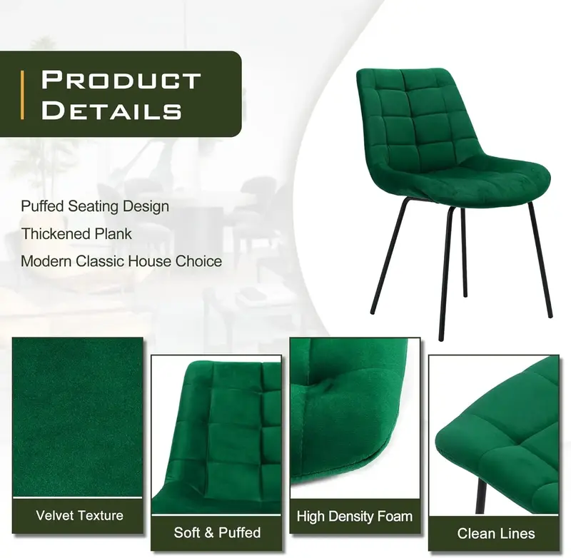 Velvet jantar cadeiras com pernas de metal, cadeira de recepção estofados, cadeira sotaque adornado, casa cozinha, sala de estar, verde, conjunto de 2