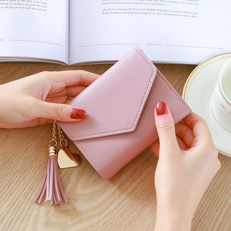 กระเป๋าสตางค์ที่ใส่บัตรกระเป๋าเงินห้อยมีพู่ขนาดเล็กสำหรับผู้หญิงสุดหรูสำหรับผู้หญิงกระเป๋าสตางค์ dompet koin สีชมพูสีดำสีแดงสด