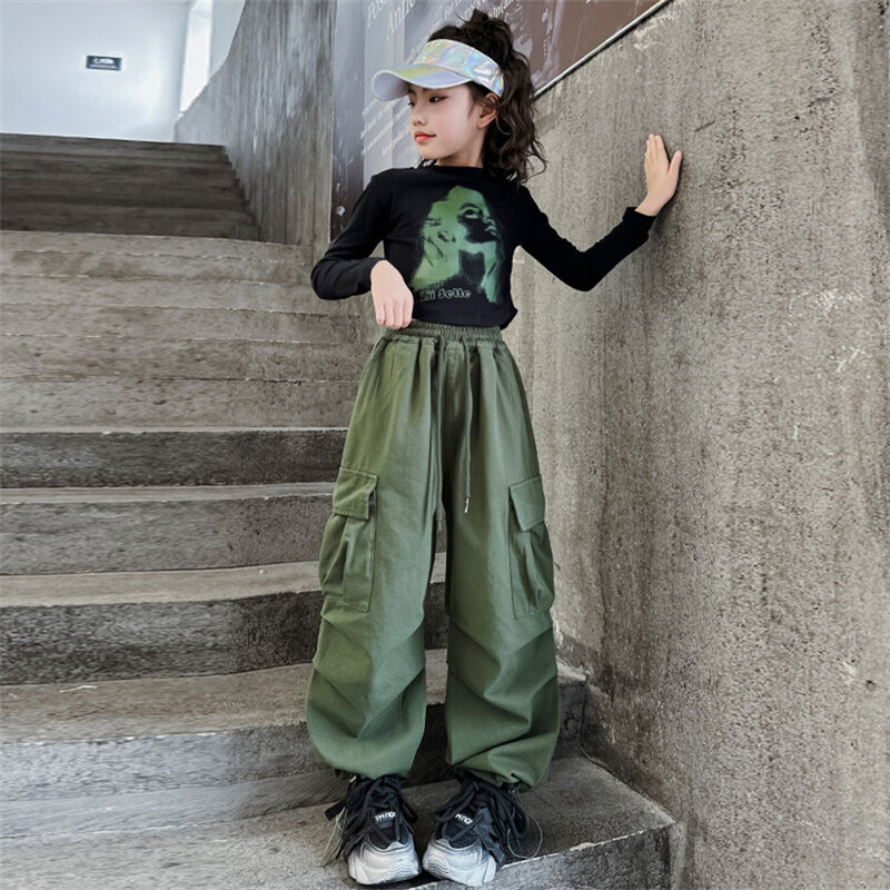 Spodnie cargo dziewczęce 2024 nowe średnie dzieci w wieku spodnie w stylu koreańskim 5-15 lat