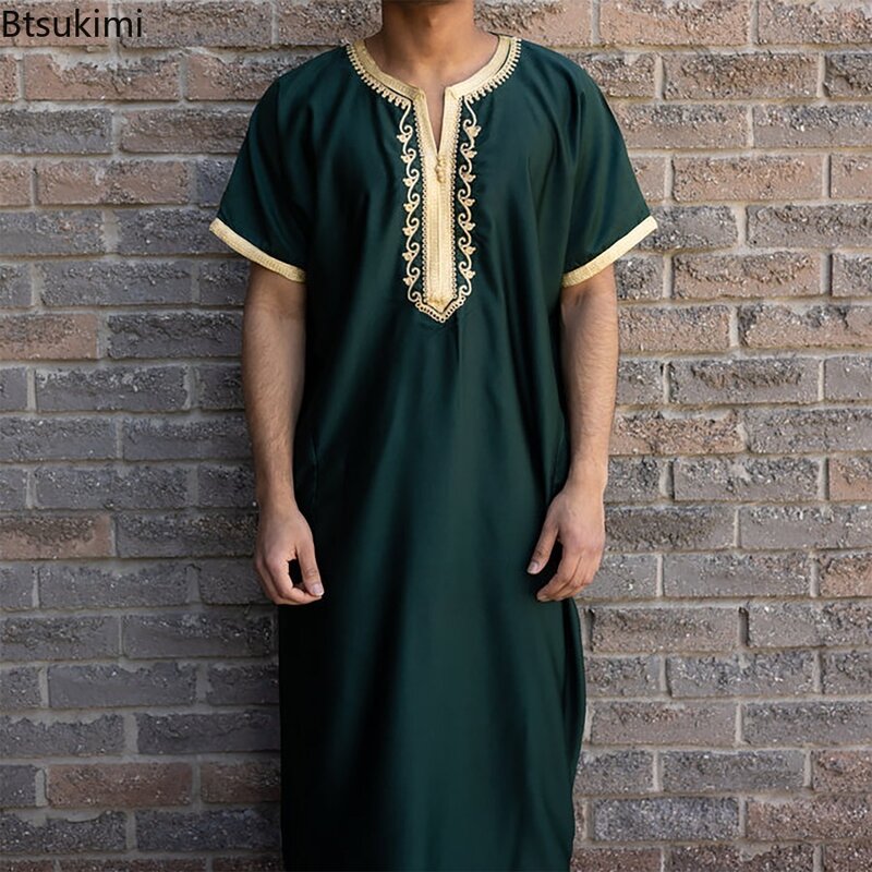 Мужская длинная рубашка с вышивкой, свободная дышащая Повседневная рубашка с коротким рукавом в мусульманском стиле, в этническом стиле, 2024