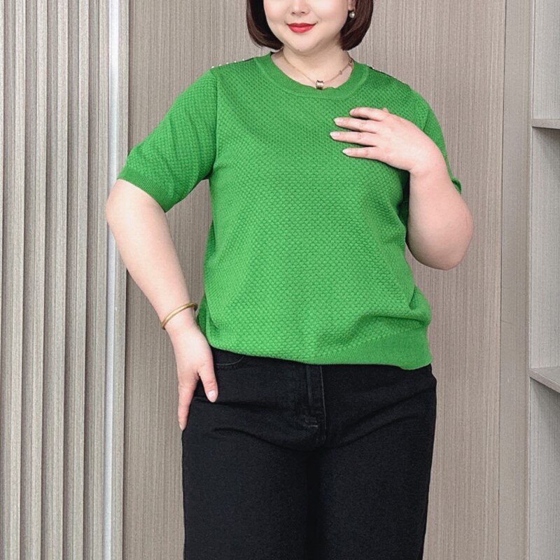 女性用の通気性のある半袖ニットTシャツ,真珠の無地の夏のTシャツ,大きいサイズ,2024