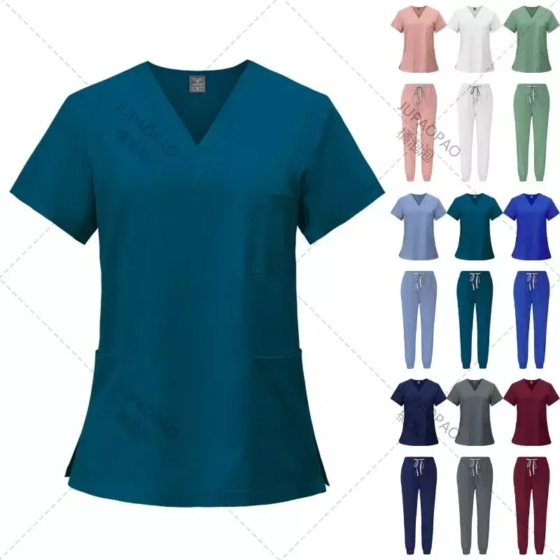 Uniforme de enfermeira manga curta para mulheres, uniforme de enfermagem hospitalar, tecido elástico multicolor, pet clinic roupas de trabalho, acessórios de enfermagem
