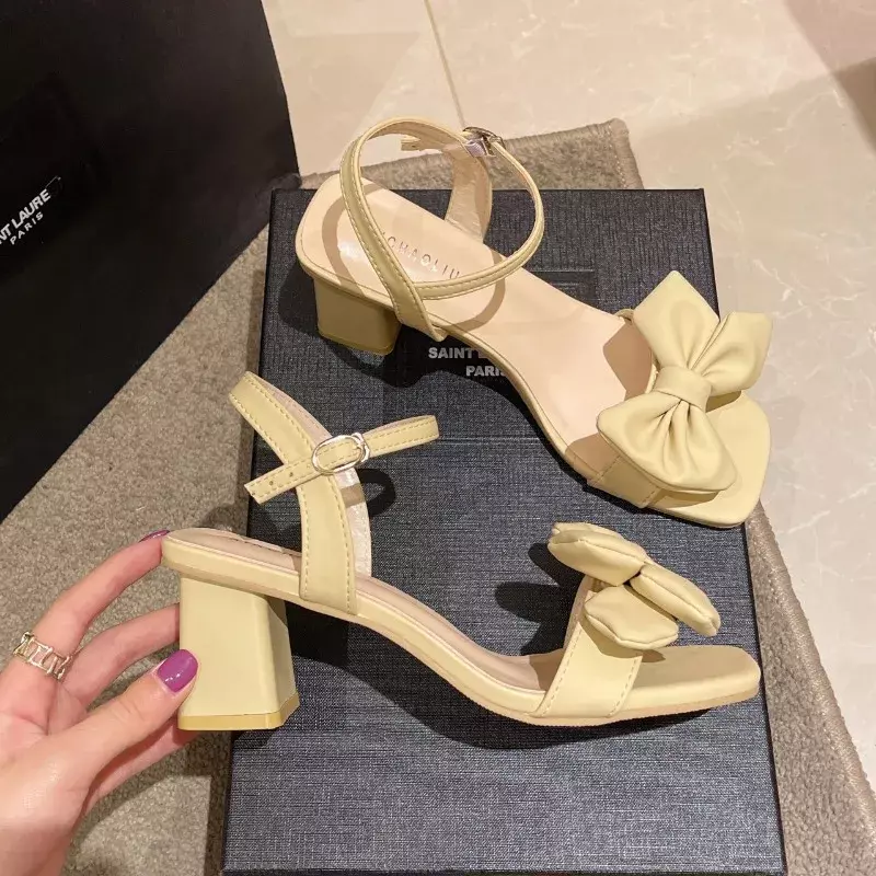 Large Solid Color Open-toe Sandals Women Summer New One-line Buckle Fashion Temperament Bow Knot Comfortable Women's Shoes