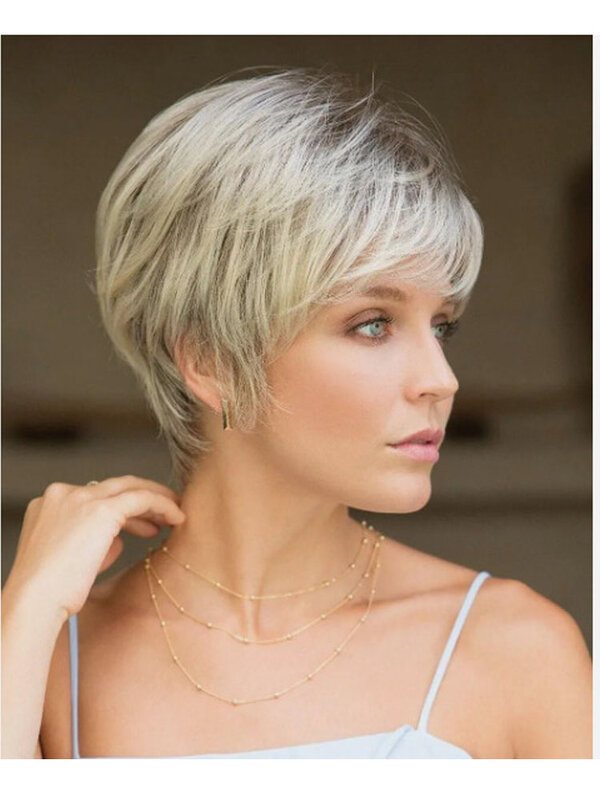 Short Straight Light Gray Ombre Black High Temperature Synthetic hair Wig for women