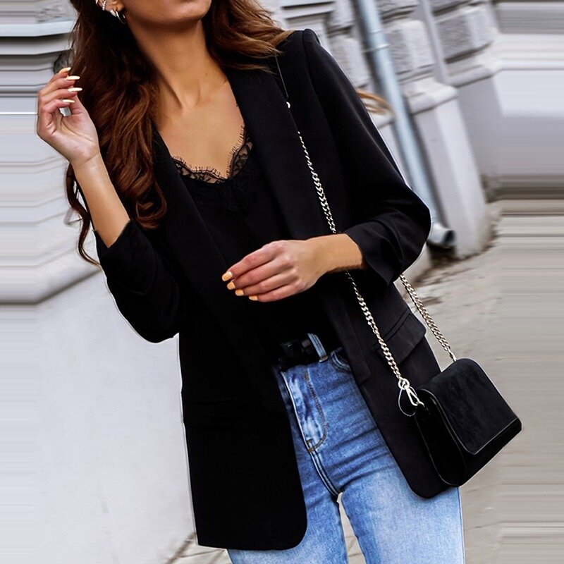 Blazer formal feminino com bolsos, terno de escritório, jaquetas pretas soltas, casaco de senhora, 2022