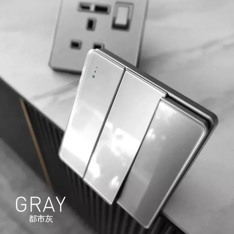 Grey Glass 18W 3.1A Double 13A UK Universal Socket with 2 USB Type A C TV Data Outletand 1 2 3 4 Gang Big Button with LED Neon