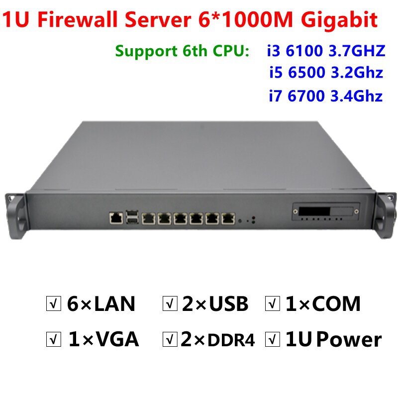 Routeurs bon marché du serveur T1 1U de pare-feu 6*1000M i211 Gigabit Intel i5-6500 3.2GHZ i7-6700 3.4GHZ soutiennent ROS RouterOS Mikrotik
