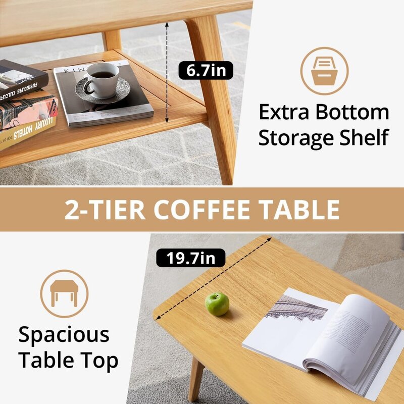 収納棚付き無垢材コーヒーテーブルとオープンテーブル、コーヒーテーブル