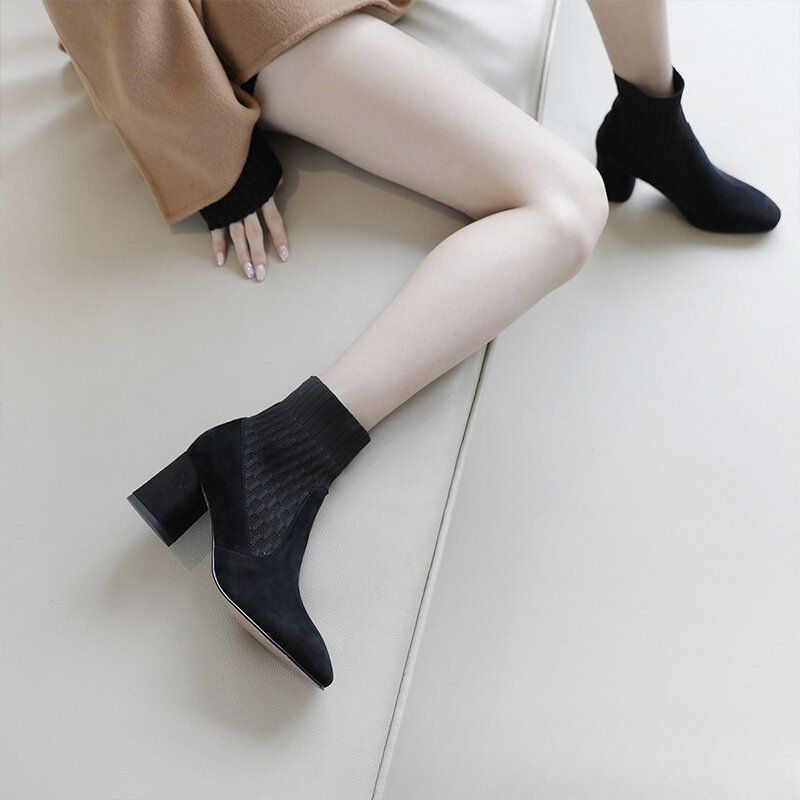 Botas informales ligeras con tacón en el tobillo para Mujer, Zapatos versátiles De punto, Otoño e Invierno