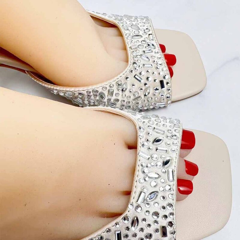 Zapatos de tacón alto con incrustaciones de diamantes de imitación para mujer, Sandalias de tacón alto con punta cuadrada, novedad de 2024