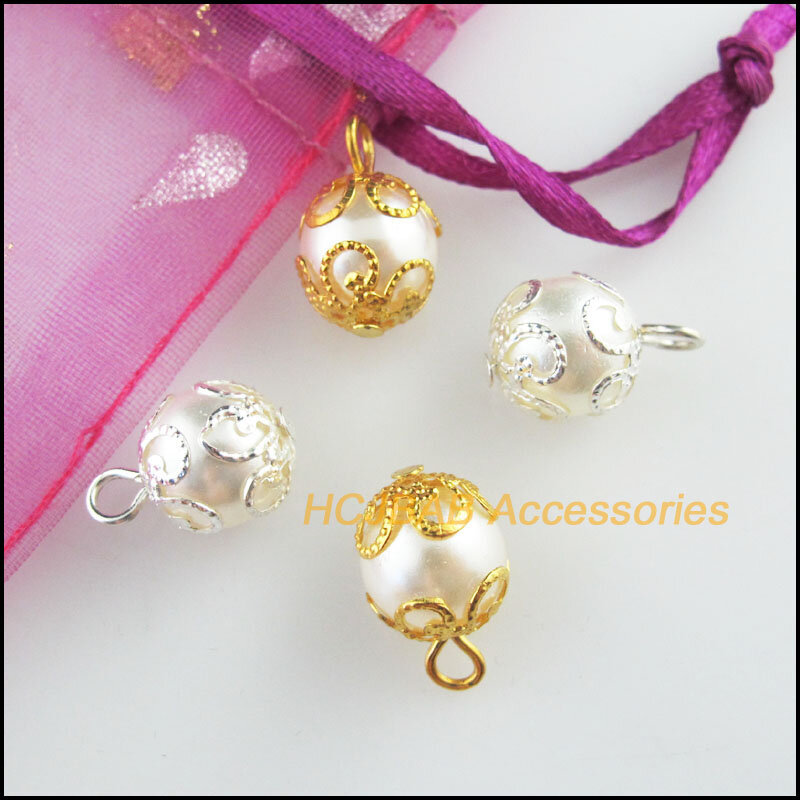 25Pcs Gold Silber Überzogene Blume Runde Acryl Weiß Perlen Charms Anhänger 10mm