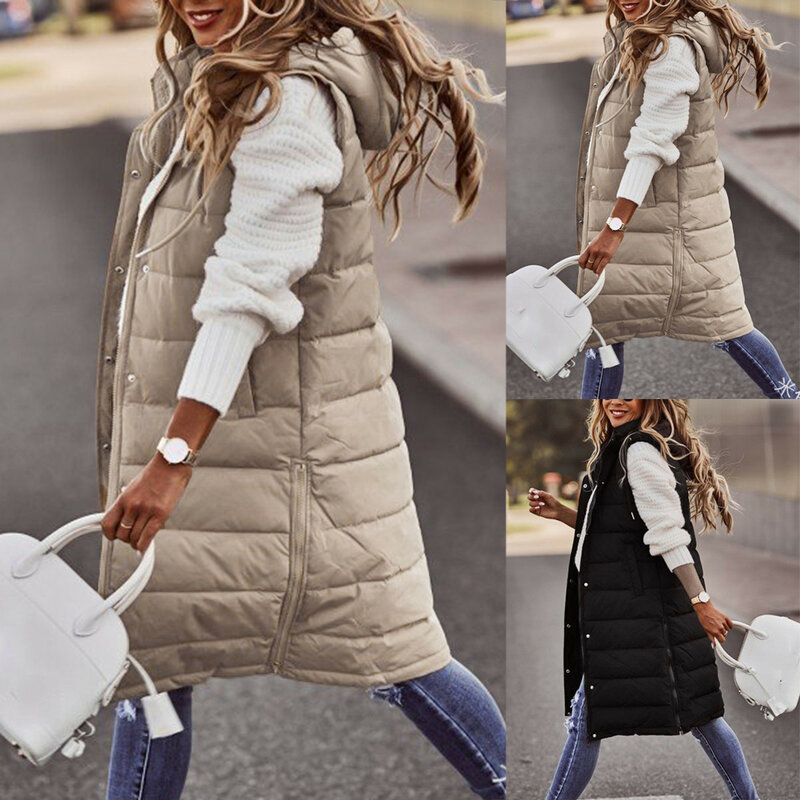 여성용 민소매 후드 긴 재킷, 패딩 지퍼 조끼 코트