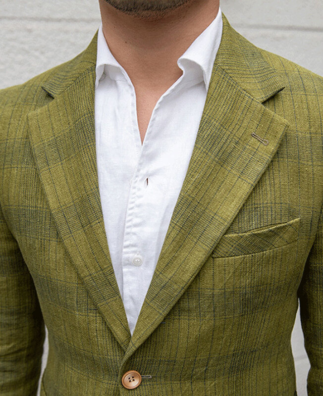 Men's Linen Blazer Vintage Plaid Lapel Two Button Long Sleeve Breathable Linen Blazer Jacket Business Casual Men's Clothing