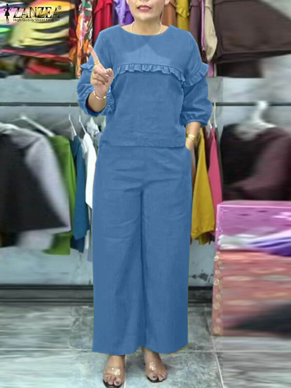 Комплект брюк ZANZEA Женский свободного кроя, Модный комплект с рукавом 2024, с оборками на подоле, однотонный брючный костюм с широкими штанинами, блузка в уличном стиле, 3/4