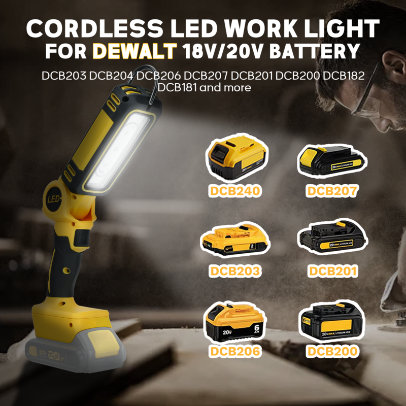 Cordless 300W 1200LM LED Work Light due livelli torcia grandangolare regolabile a 140 ° per batteria agli ioni di litio Dewalt 20V (senza batteria)