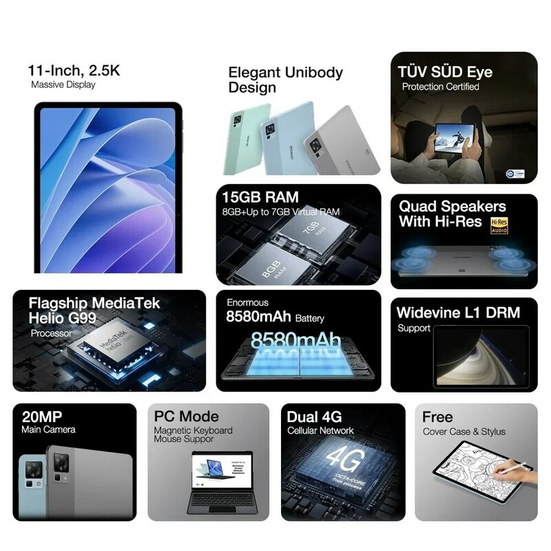 DOOGEE-T30 Pro Android 13 Tablet PC, 8GB RAM + 256GB ROM Pad, Helio G99, 2.5K, 20MP Câmera Principal, 8580mAh, 2.5K, 11"