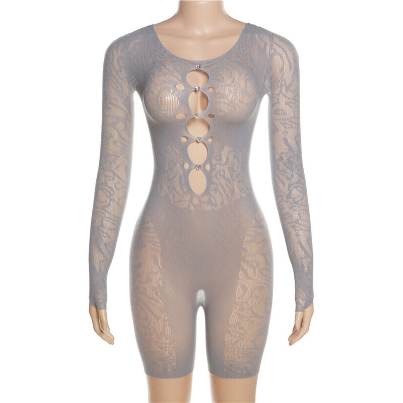 Sexy Hollow Out Bodycon Women Jumpsuit Spring O Neck Long Sleeve Transparent Diamonds One Piece Night Club See Through Romper