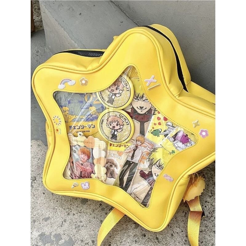 Bolsa de ombro de couro PU estrela amarela para adolescente, bonito Kawaii Schoolbag, mochila Y2K Spicy Girl Travel Backpack